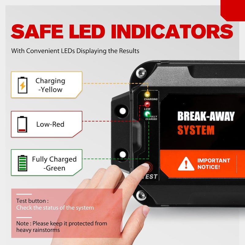 FIERYRED Test-Button Trailer Breakaway Kit with LiFePO4 Battery and Charger, Integrated 4AH Battery Emergency Break-Away Controller, LED Indicator - Image 2